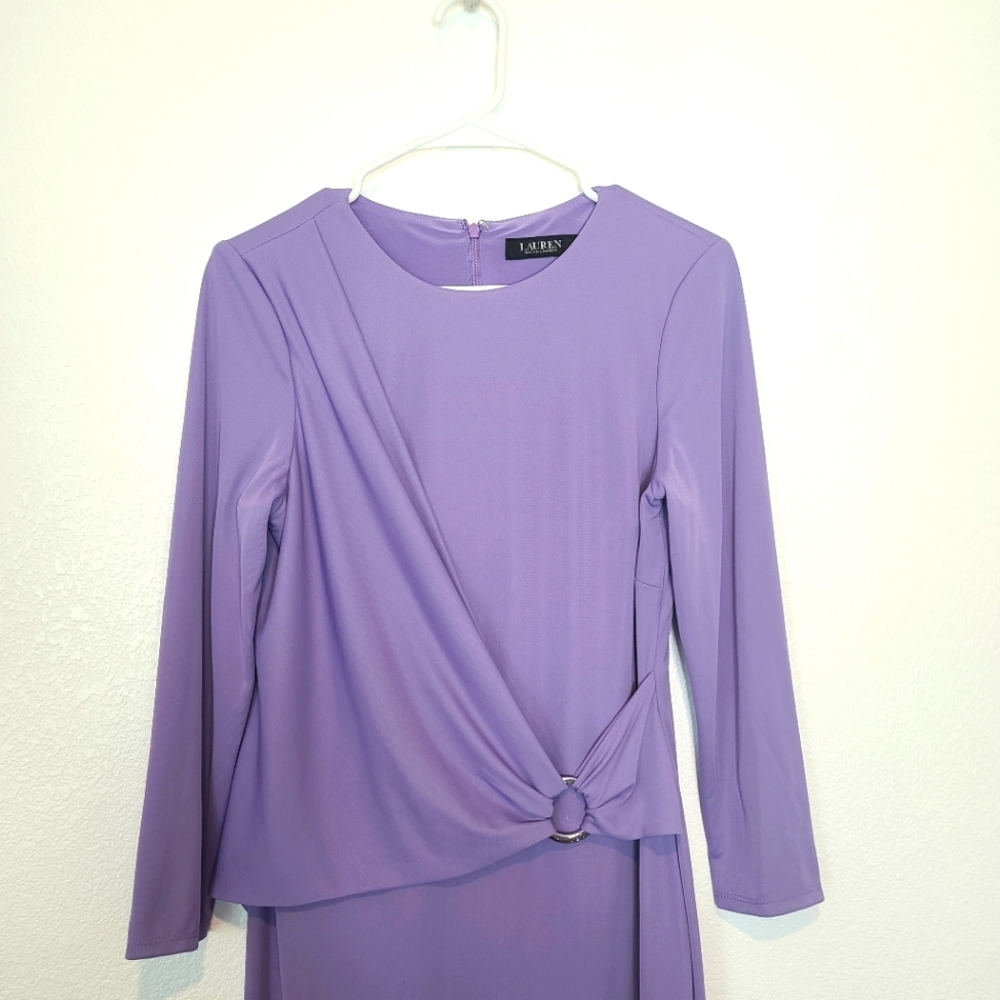 Lauren Ralph Lauren Stretch 3/4 Sleeves Crewneck Formal Wisteria Dress - Picture 6 of 13